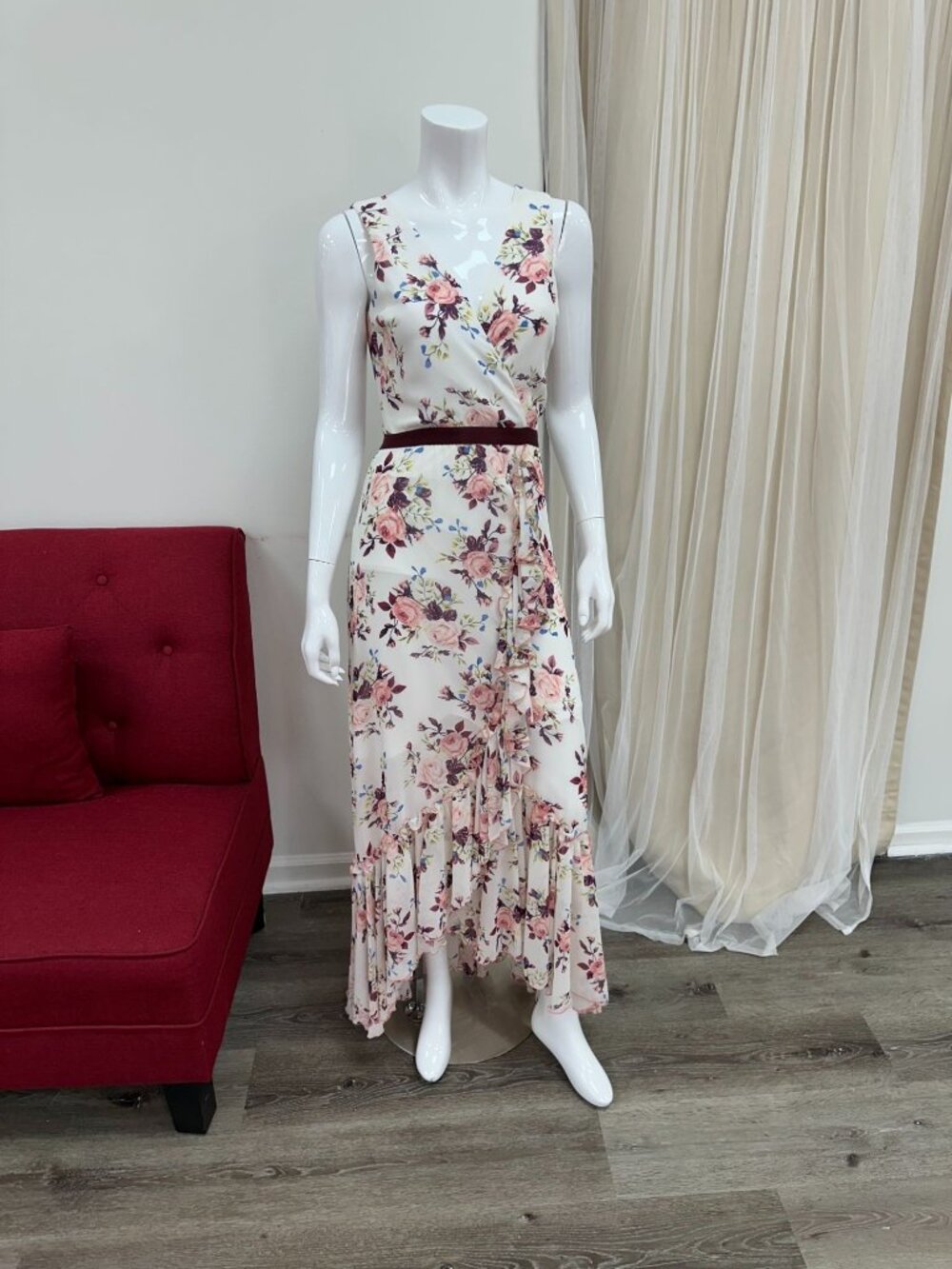 Small Chiffon Burgundy Floral Print Sundress Bridal Shower MOB Dress